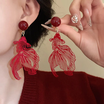 DAIIIBABYYY  -  Red Koi Fish Clip on Earrings for Women Hollow Metallic Goldfish Ear Clip Earrings with No Piercing Ear Jewelry Lucky Gifts